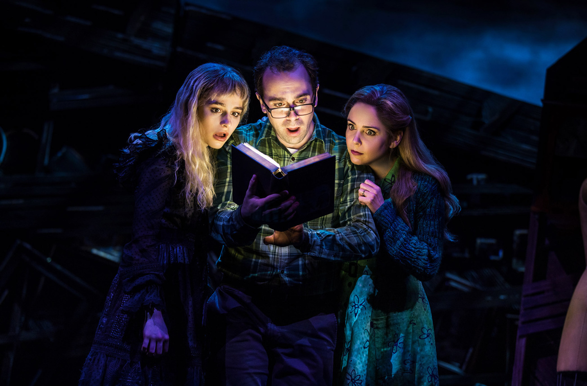 Sophia Anne Caruso as Lydia, Rob McClure as Adam and Kerry Butler as Barbara in Beetlejuice.