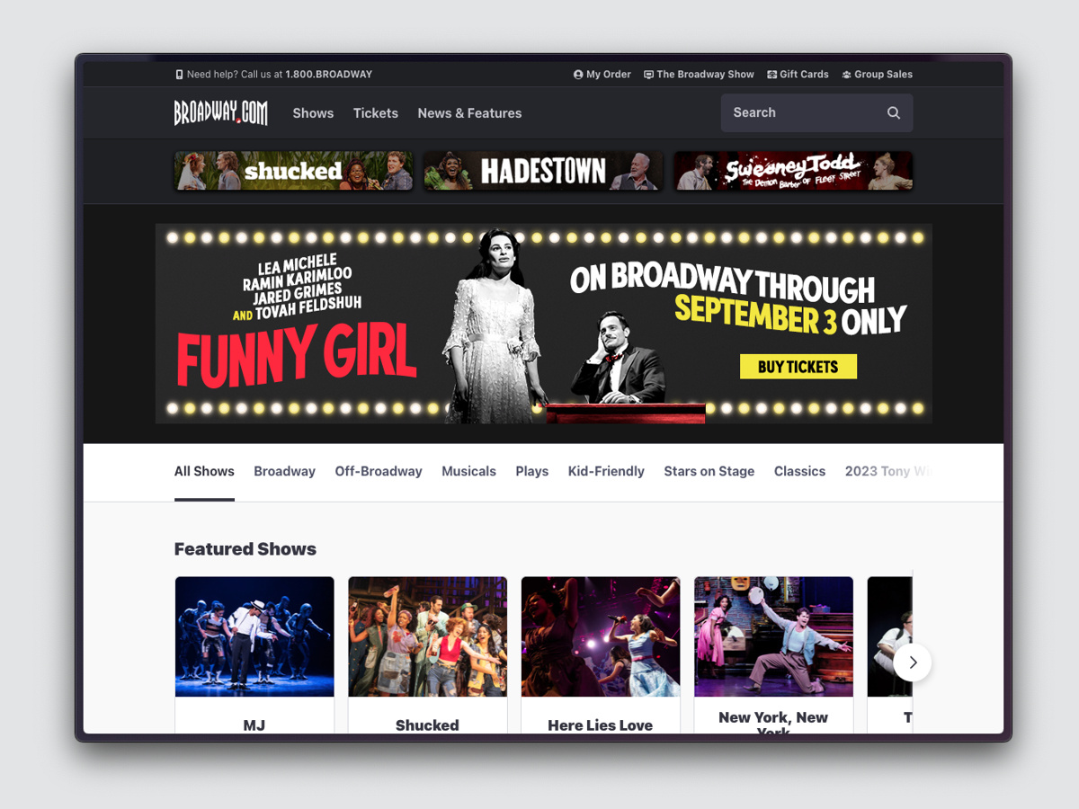 Screenshot of Browse Shows screen on Broadway.com