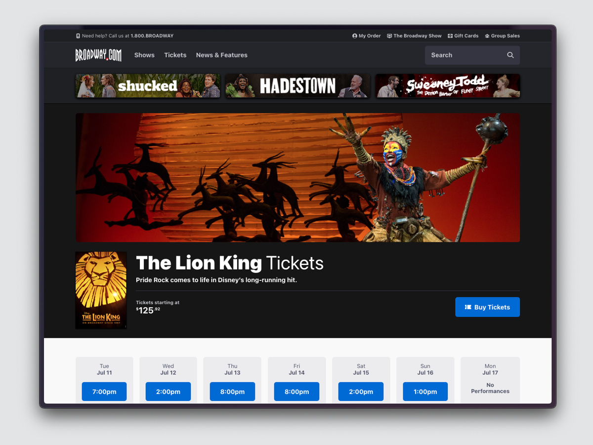 Screenshot of The Lion King show detail screen on Broadway.com