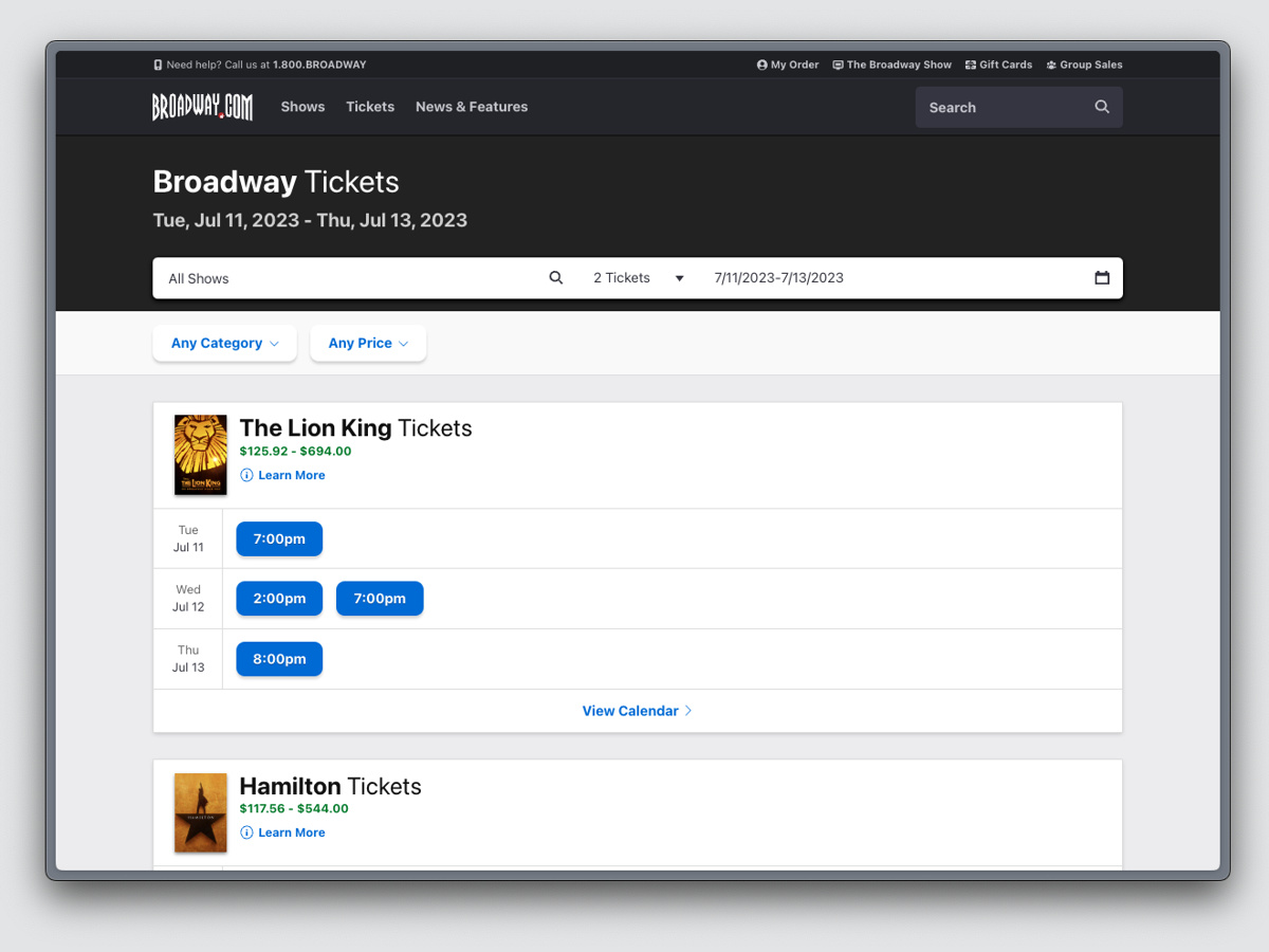 Screenshot of Broadway Tickets By Date screen on Broadway.com