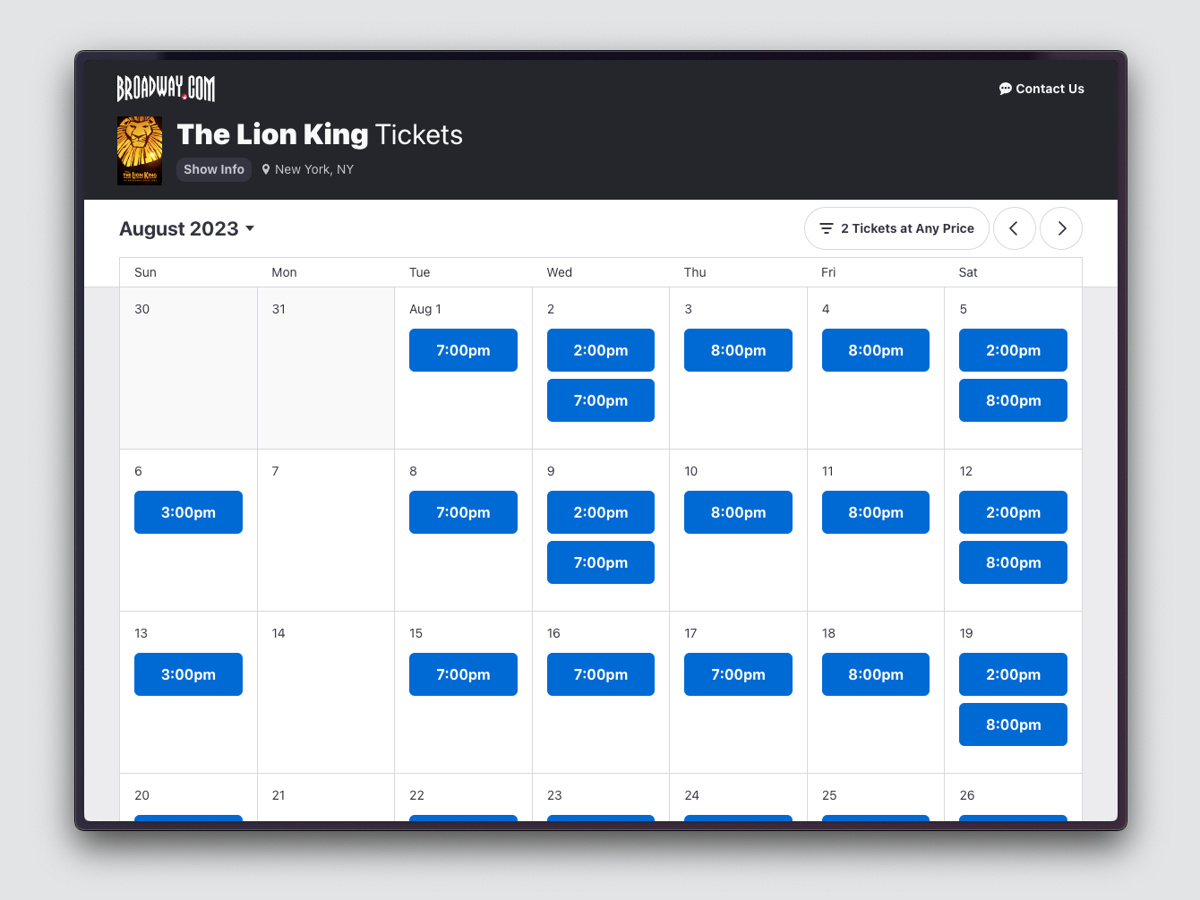 Screenshot of The Lion King calendar on Broadway.com