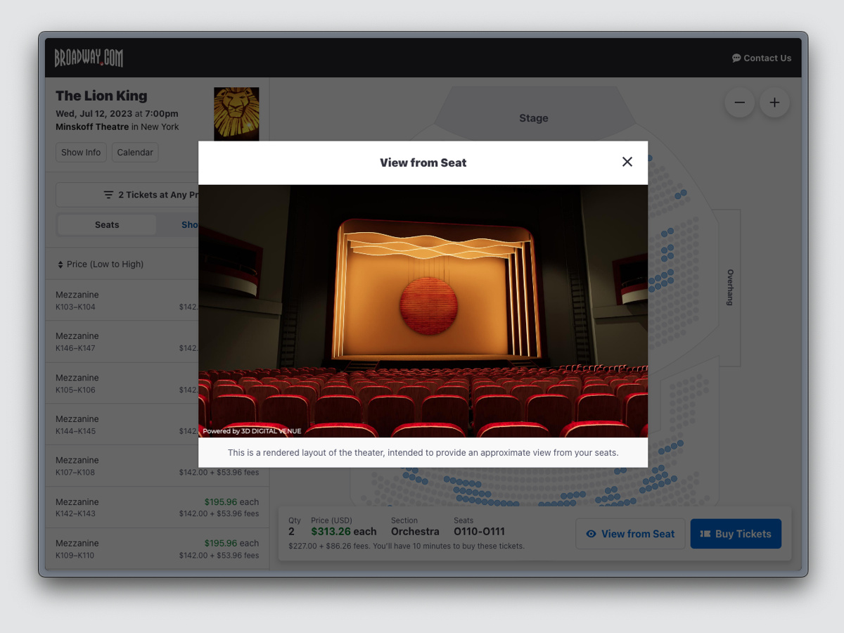 Screenshot of 3D View From Seat feature on Broadway.com