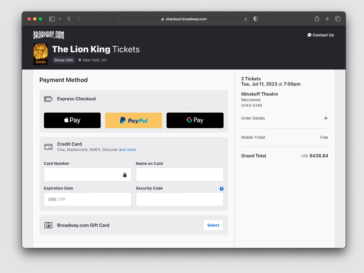 Screenshot of payment screen on Broadway.com