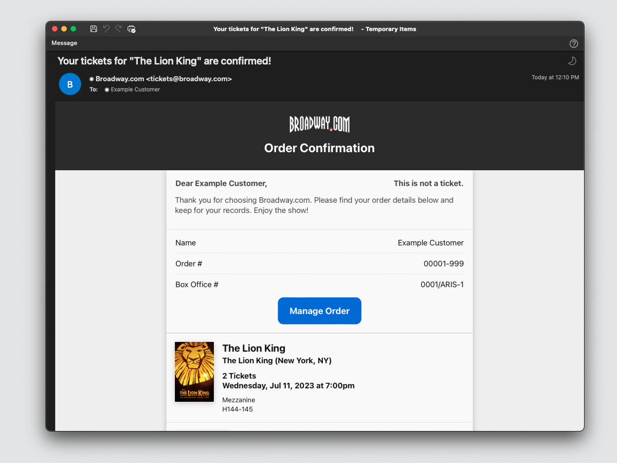 Screenshot of confirmation email from Broadway.com