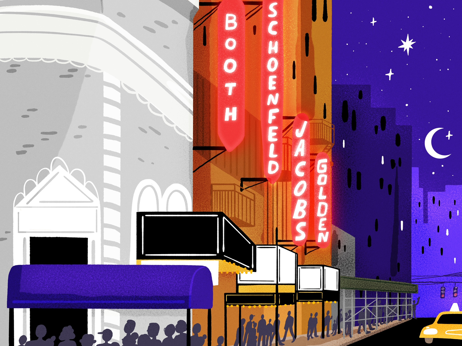 Illustration of a Broadway theater in the evening in New York City.
