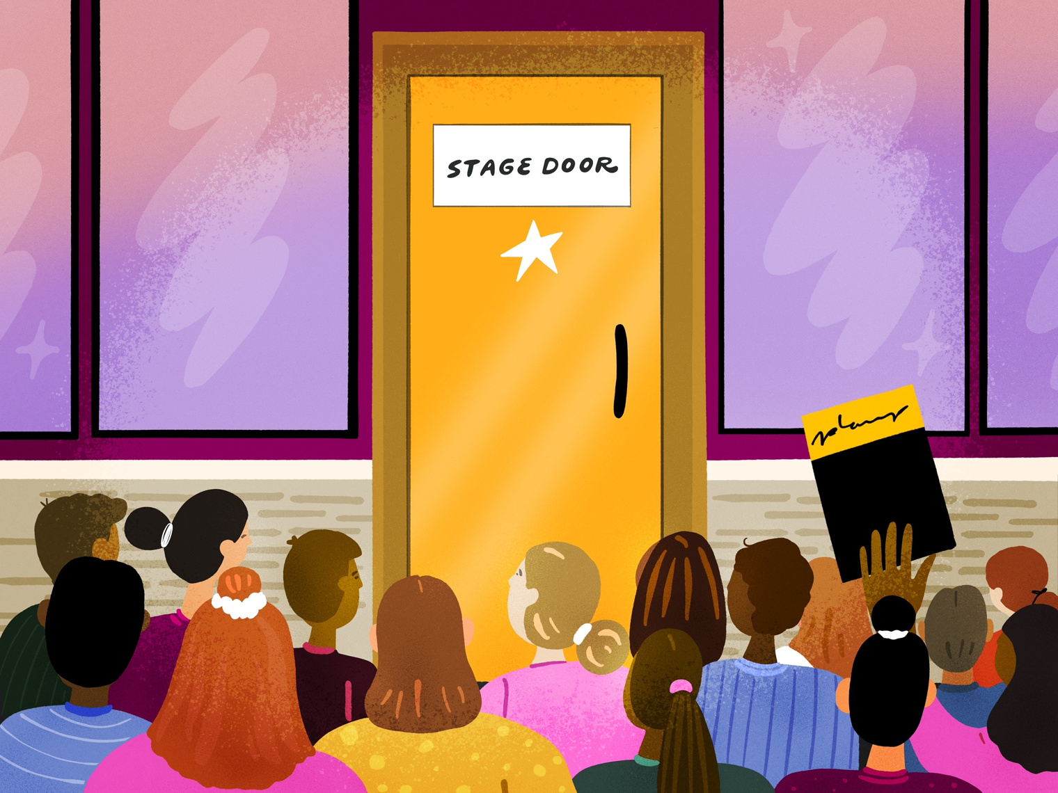 Illustration of a Broadway stage door with people waiting outside.