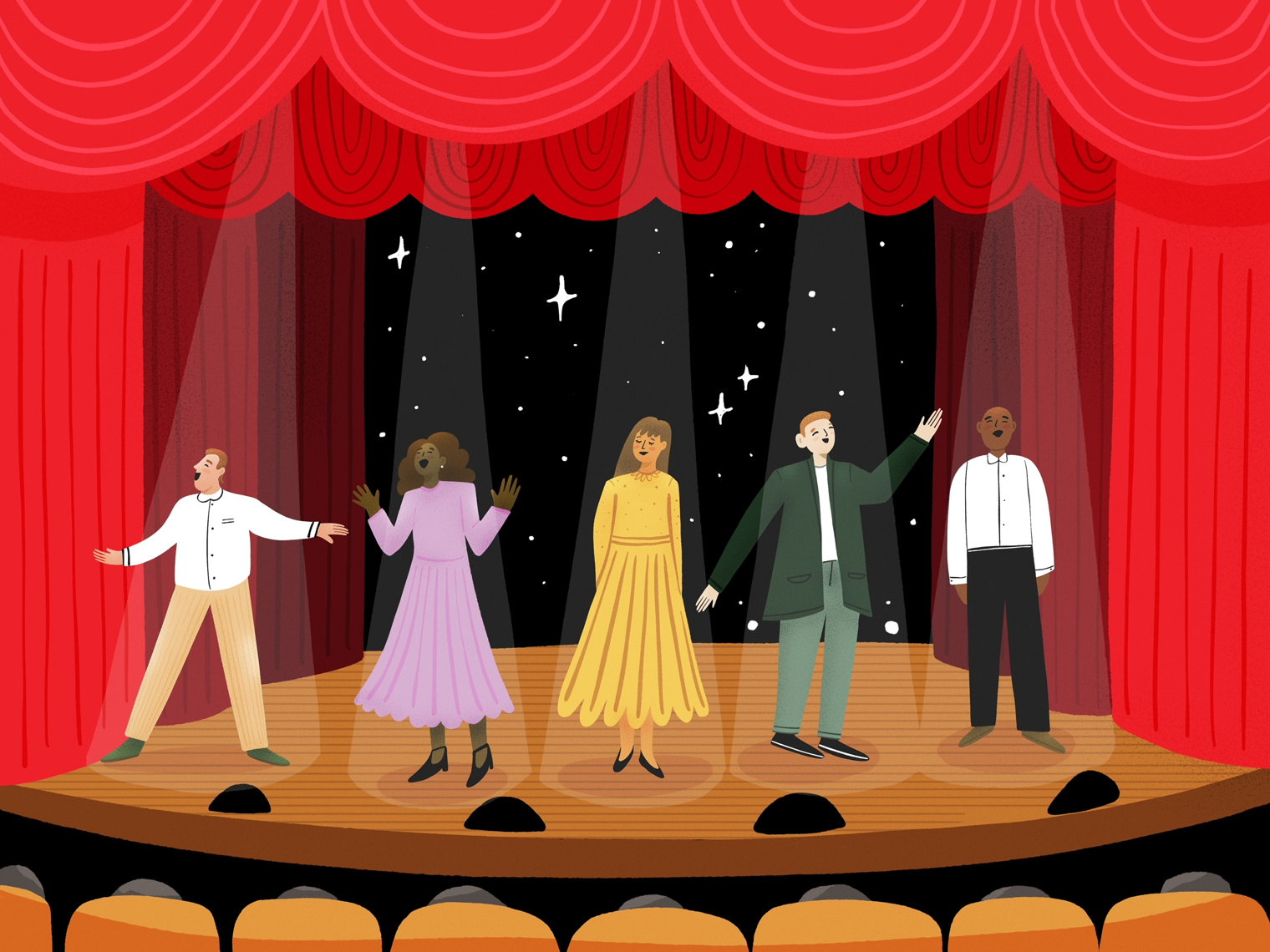 Illustration of Broadway stage with actors and actresses on stage.