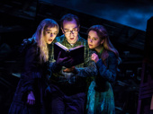 Sophia Anne Caruso as Lydia, Rob McClure as Adam and Kerry Butler as Barbara in Beetlejuice.