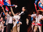 Lin-Manuel Miranda and the cast of Hamilton wave Puerto Rican flags during the final curtain call.
