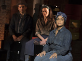 Tony Yazbeck as Larry Foreman, Lara Pulver as Moll and Rema Webb as Ella in The Cradle Will Rock.