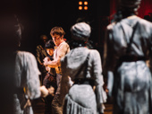 Doubt comes in! The Fates move in on Eva Noblezada as Eurydice and Reeve Carney as Orpheus.