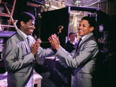 Jawan M. Jackson and Jeremy Pope goof around backstage.