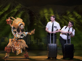 Destinee Rea as Mrs. Brown, Dave Thomas Brown as Elder Price and Cody Jamison Strand as Elder Cunningham in The Book of Mormon.