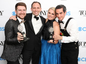 Music to their ears! Charlie Rosen, Matt Stine, Katie Kresek and Justin Levine pose with their awards for Moulin Rouge! The Musical's orechestrations.(Photo: Cindy Ord/Getty Images for Tony Awards Productions)