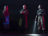 Maria Dizzia as Lady Macduff, Daniel Craig as Macbeth and Amber Gray as Banquo in Macbeth.