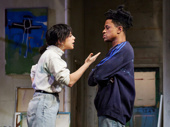 Krysta Rodriguez as Maya and Jeremy Pope as Jean-Michel Basquiat in The Collaboration.