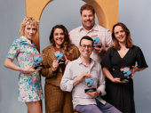 Ellie Morris, Nancy Zamit, Henry Lewis, Jonathan Sayer and Charlie Russell show off Peter Pan Goes Wrong's Favorite New Play trophies!