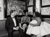Paul Wontorek shares a moment with Some Like It Hot's J. Harrison Ghee and Shucked's Alex Newell during their The Broadway Show interview...