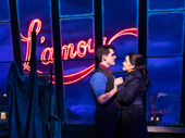 Casey Cott as Christian and Courtney Reed as Satine in Moulin Rouge! The Musical.
