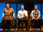 Lindsay Mendez as Mary Flynn, Jonathan Groff as Franklin Shepard and Daniel Radcliffe as Charley Kringas in Merrily We Roll Along.