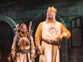 James Monroe Iglehart as King Arthur and Christopher Fitzgerald as Patsy in Spamalot.