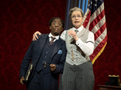 Tsilala Brock as Dudley Malone and Grace McLean as President Woodrow Wilson in Suffs.