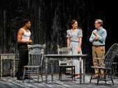 Ephraim Sykes as George Gibbs, Katie Holmes as Mrs. Webb and Richard Thomas as Mr. Webb in Our Town.