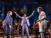 Myra Molloy as Eurydice, Daniel Breaker as Hermes and Ali Louis Bourzgui as Orpheus in Hadestown.