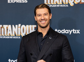 Constantine Rousouli plays “aging twink” Jack Dawson in Titanique on Broadway, sporting a heart of the ocean pin on the show’s opening night carpet.