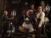 Amber Gray as Riff Raff, Juliette Lewis as Magenta, Michaela Jaé Rodriguez as Columbia and Andrew Durand as Brad in The Rocky Horror Show.