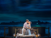 Reeve Carney as Jay Gatsby and Eva Noblezada as Daisy Buchanan in The Great Gatsby.