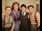 One for all and all for one! Newsies alums Andrew Keenan-Bolger, Kara Lindsay, Ben Fankhauser and Jeremy Jordan snap a pic on set during the tuner's filming on September 11. We can't wait to catch this one on the big screen next year!(Photo: Twitter.com/KeenanBlogger)