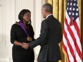 Mama Broadway met President Obama—or perhaps it's more accurate to say that President Obama met Mama Broadway. Either way, six-time Tony winner Audra McDonald received a 2015 National Medal of Arts from President Obama on September 22.(Photo: Alex Wong/Getty Images) 