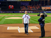 All right now, let's make it a Rotten! game, boys! Something Rotten! funny man Brad Oscar performs the national anthem before the Mets game at Citi Field.(Photo: Twitter.com/RottenBroadway)