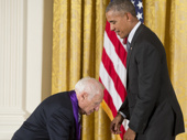 Leave it to comedy legend and The Producers' Tony-winning mastermind Mel Brooks to try to pants President Obama upon receiving his National Medal of Arts. That, or the medal really is that heavy.(Photo: SAUL LOEB/AFP/Getty Images)