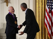 Aaand he's up and all smiles! EGOT'er Mel Brooks received his 2015 National Medal of Arts from President Obama on September 22.(Photo: Alex Wong/Getty Images)