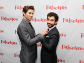 Gotta look sharp! Falsettos star Andrew Rannells fixes his co-star Brandon Uranowitz’s tie.