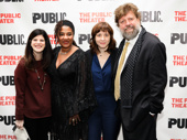 Sweat's Pulitzer Prize-winning playwright Lynn Nottage and director Kate Whoriskey surrounded by the Public's Mandy Hackett and Oskar Eustis.