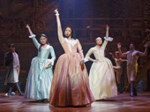 Phillipa Soo as Eliza, Renee Elise Goldsberry as Angelica and Jasphine Cephas Jones as Peggy in Hamilton. 
