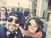 He knows to include women in the sequel! Hamilton mastermind Lin-Manuel Miranda participates in London's Women's March with his wife Vanessa Nadal (note the awesome Fun Home beanie).(Photo: Twitter.com/Lin_Manuel) 