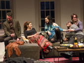 Omar Metwally as Paul, Marisa Tomei as George, Lena Hall as Pip, Austin Smith as David and David McElwee as Freddie in How to Transcend a Happy Marriage. 