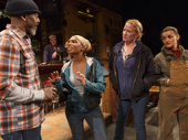 John Earl Jelks as Brucie, Michelle Wilson as Cynthia, Johanna Day as Tracey and Alison Wright as Jessie in Sweat. 
