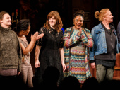 Sweat stars Alison Wright, Michelle Wilson, director Kate Whoriskey, scribe Lynn Nottage, Johanna Day and Khris Davis take in the applause.