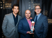 Andy Karl and Adam Siegel presented Oslo scribe J.T. Rogers with his Lucille Lortel award for Outstanding Play.