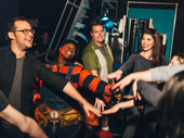 Hands in! Avenue Q's Jed Resnick , Danielle K. Thomas, Nick Kohn and Kerri Brackin get psyched before they hit the stage.