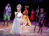 Norm Lewis as Agwe, Lea Salonga as Erzulie, Alex Newell as Asaka, Hailey Kilgore as Ti Moune and Tamyra Gray as Pape Ge in Once On This Island. 