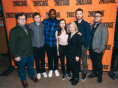 Lobby Hero's scribe Kenneth Lonergan, stars Michael Cera, Brian Tyree Henry, Bel Powley, Chris Evans and director Trip Cullman snap a photo with Carole Rothman. The show will reopen the Hayes Theater.