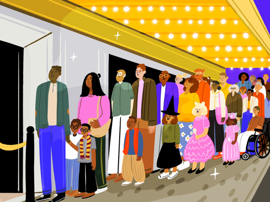 Illustration of Broadway theater goers waiting on line outside a Broadway theater.